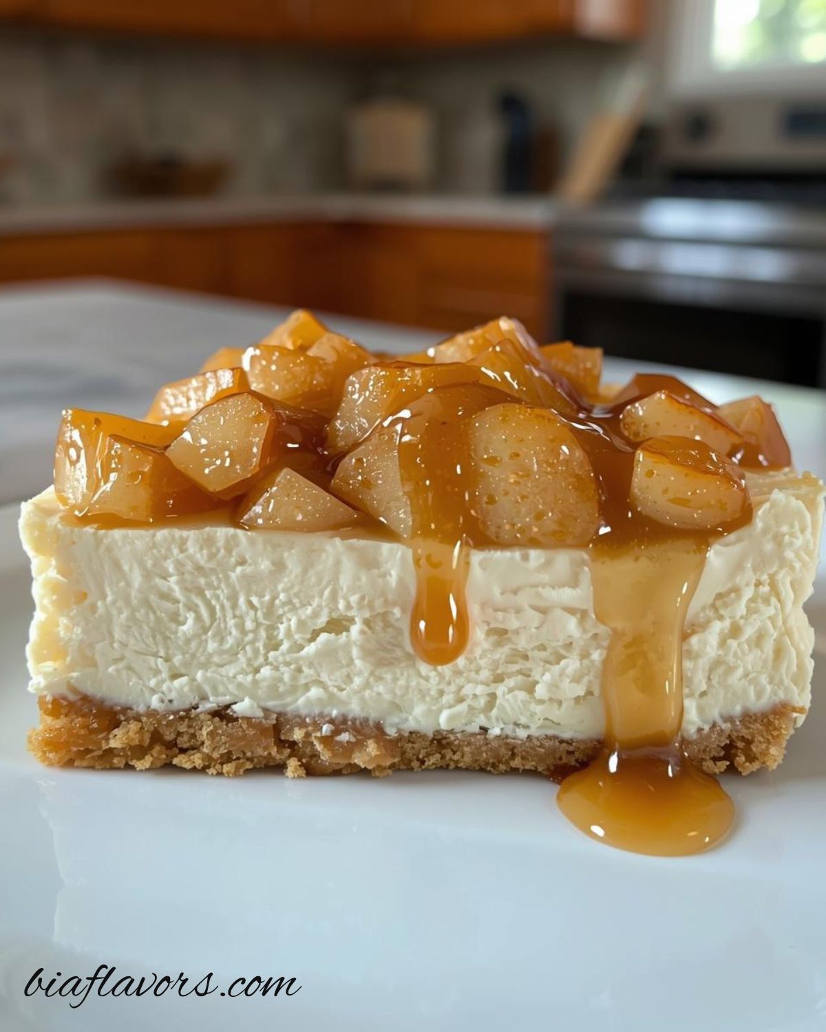 apple caramel cheesecake on white plate