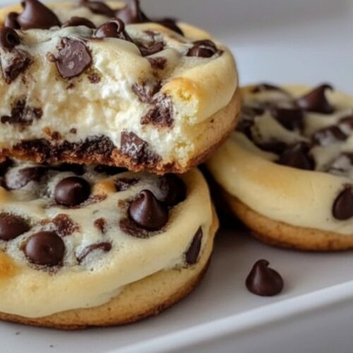 Chocolate Chip Cheesecake Cookies cheesecake stuffed chocolate chip cookie cut in half showing golden dough shell and white cheesecake filling layers