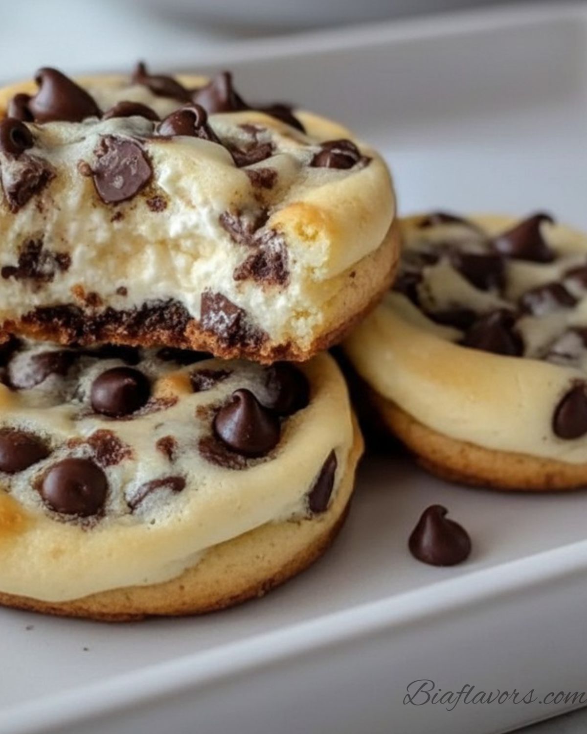 Chocolate Chip Cheesecake Cookies cheesecake stuffed chocolate chip cookie cut in half showing golden dough shell and white cheesecake filling layers