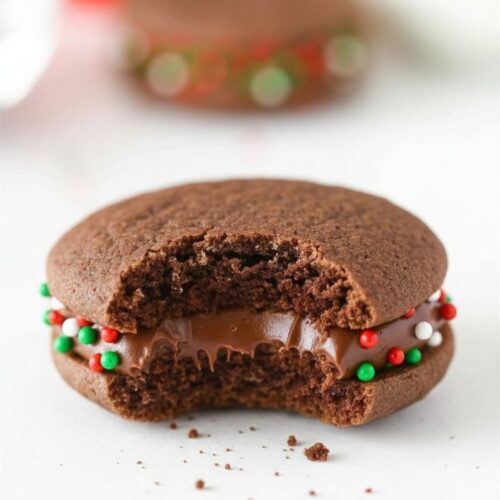 Bitten Christmas chocolate sandwich cookie showing soft cocoa cookie interior and chocolate ganache filling with holiday sprinkles