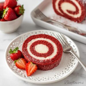 Close-up of red velvet cake roll slice showing fluffy sponge and creamy filling