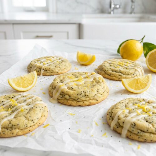 Dramatic close-up of lemon poppy seed cookies on white parchment with white glaze drizzle bright lemon zest and fresh lemon wedges in luxury white marble kitchen