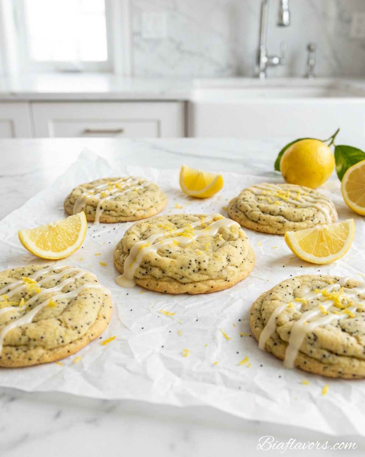 Dramatic close-up of lemon poppy seed cookies on white parchment with white glaze drizzle bright lemon zest and fresh lemon wedges in luxury white marble kitchen