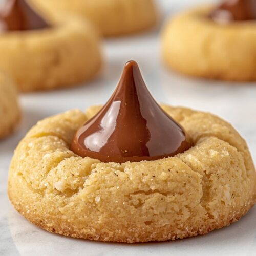 Macro close-up of single peanut butter blossom cookie showing golden sugar coated surface with perfect glossy milk chocolate kiss pressed in center