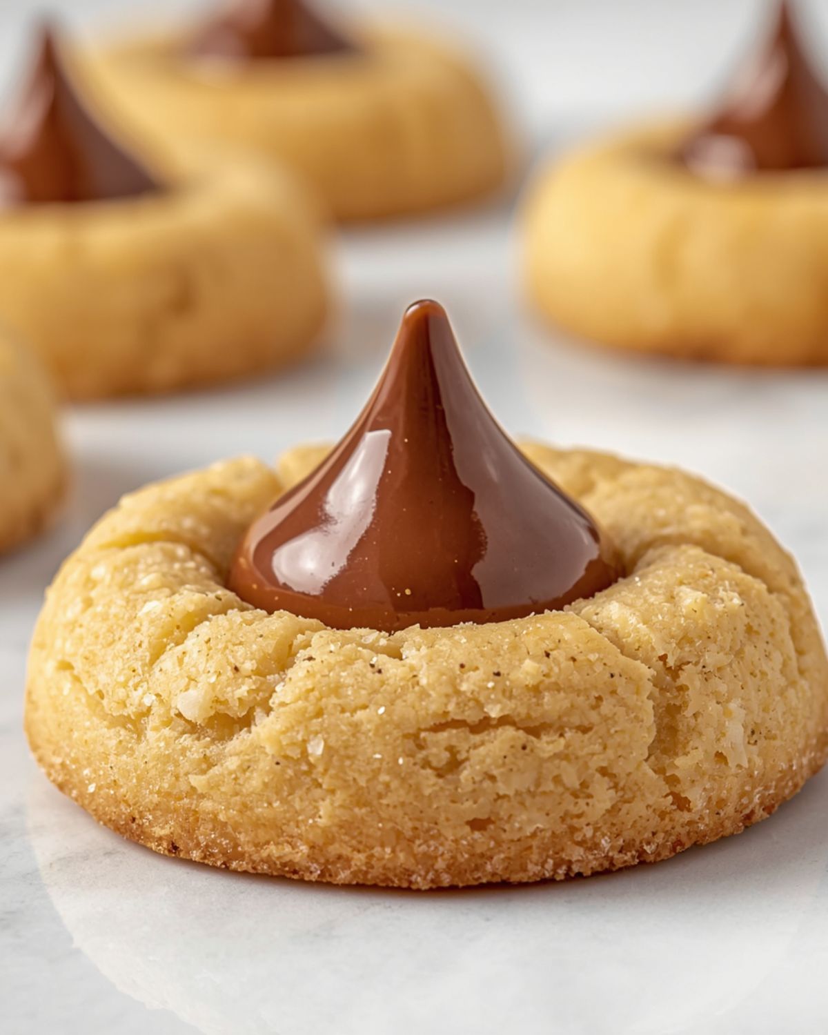Macro close-up of single peanut butter blossom cookie showing golden sugar coated surface with perfect glossy milk chocolate kiss pressed in center