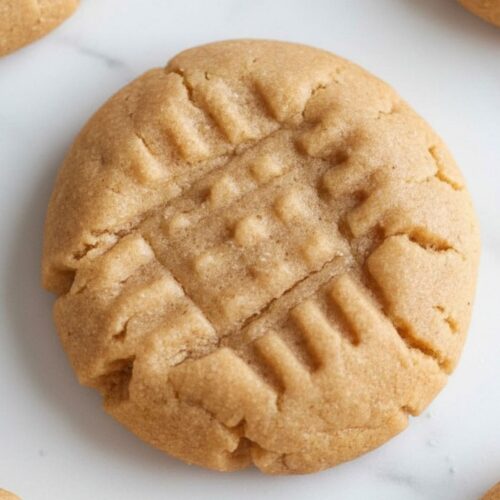 Macro close-up top view of classic peanut butter cookie showing golden tan dough with deep crosshatch fork press pattern and soft crackled texture
