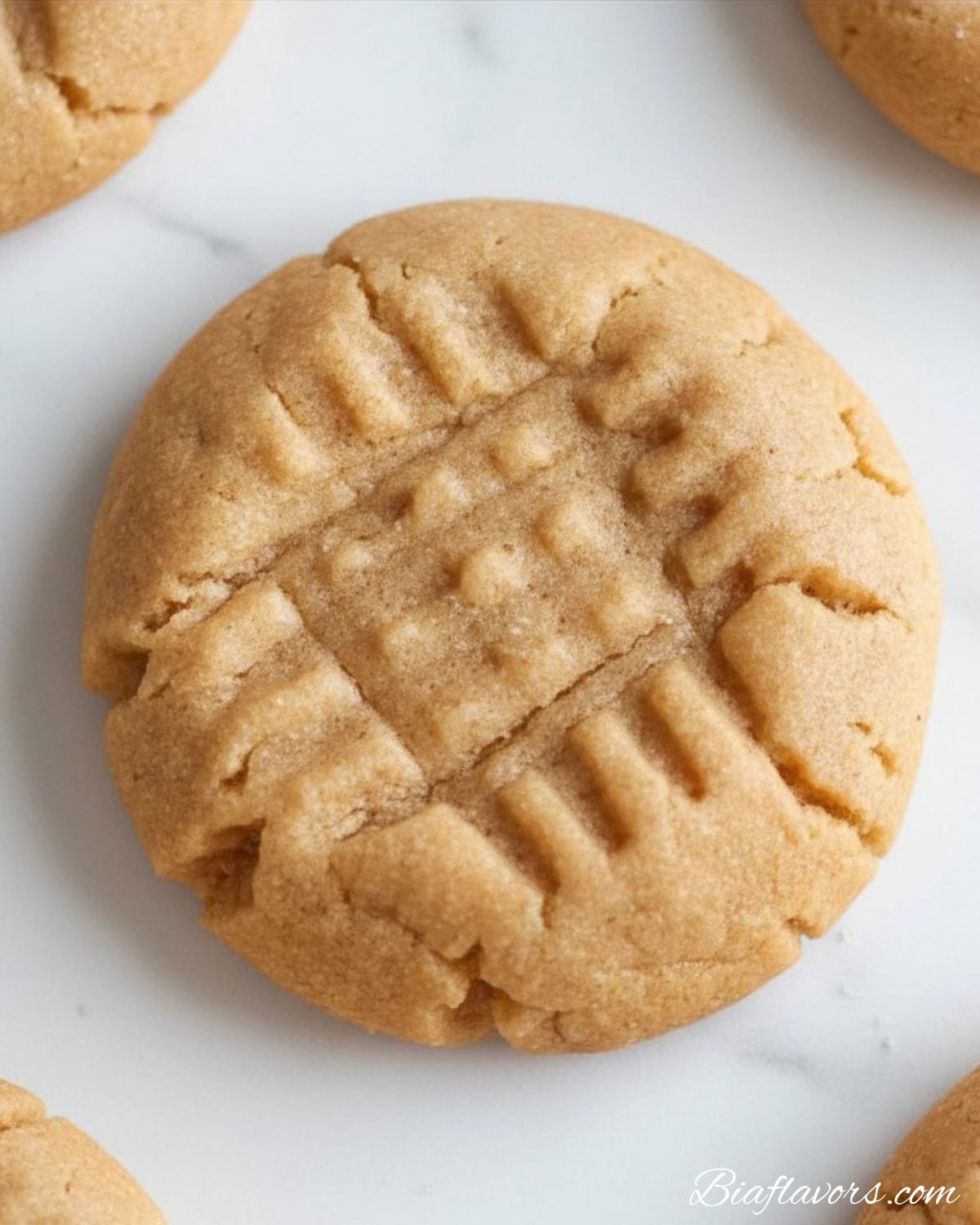 Macro close-up top view of classic peanut butter cookie showing golden tan dough with deep crosshatch fork press pattern and soft crackled texture