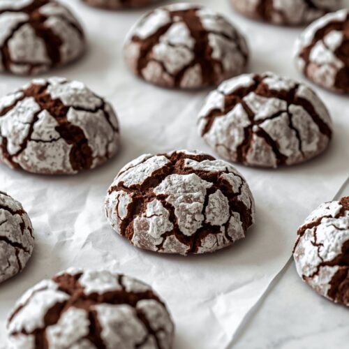 Chocolate Crinkle Cookies with deep cracks and snowy powdered sugar coating stacked on a white plate