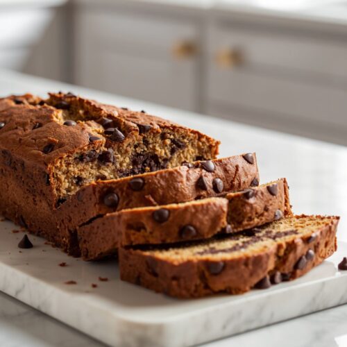 Sliced chocolate chip banana bread on a white ceramic board showing moist golden interior with melted chocolate chips on a white marble counter