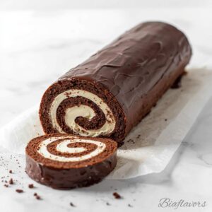 Soft Chocolate Swiss Roll with whipped cream filling and chocolate ganache topping