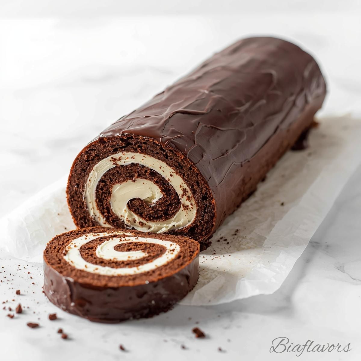Soft Chocolate Swiss Roll with whipped cream filling and chocolate ganache topping