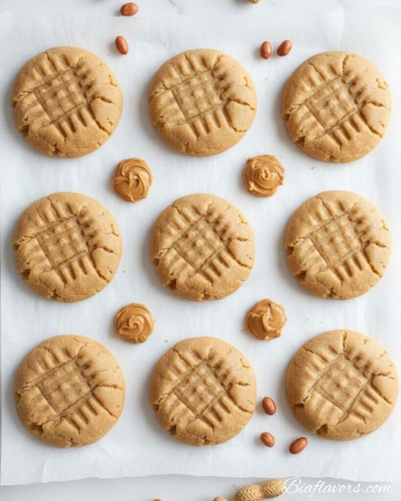 Top-down flat lay of eight classic peanut butter cookies on white parchment showing golden tan crosshatch pattern tops with peanut butter dollops on white marble
