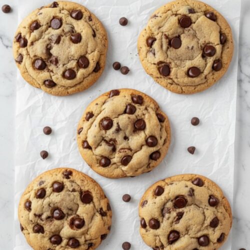 Top-down flat lay of classic chocolate chip cookies on white parchment paper with scattered chocolate chips on white marble