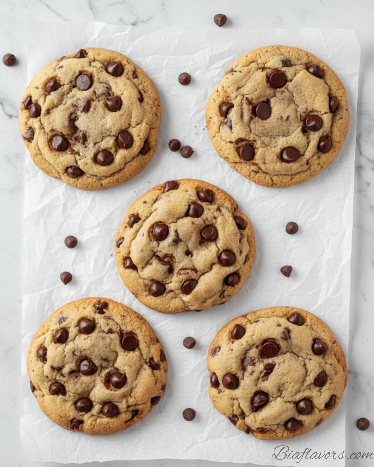 Top-down flat lay of classic chocolate chip cookies on white parchment paper with scattered chocolate chips on white marble