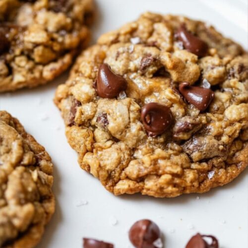 Two oatmeal cookies being pulled apart showing gooey melted chocolate stretching between them