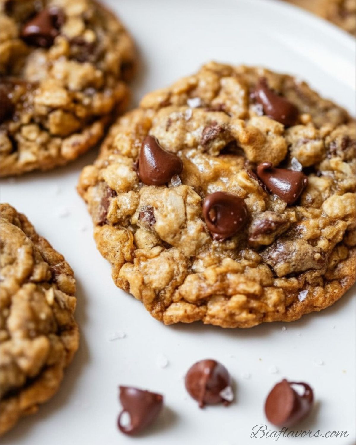 Two oatmeal cookies being pulled apart showing gooey melted chocolate stretching between them