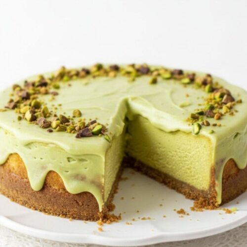 Whole pistachio cheesecake on white scalloped plate with one slice removed showing green pistachio filling golden crust and crushed pistachios on top