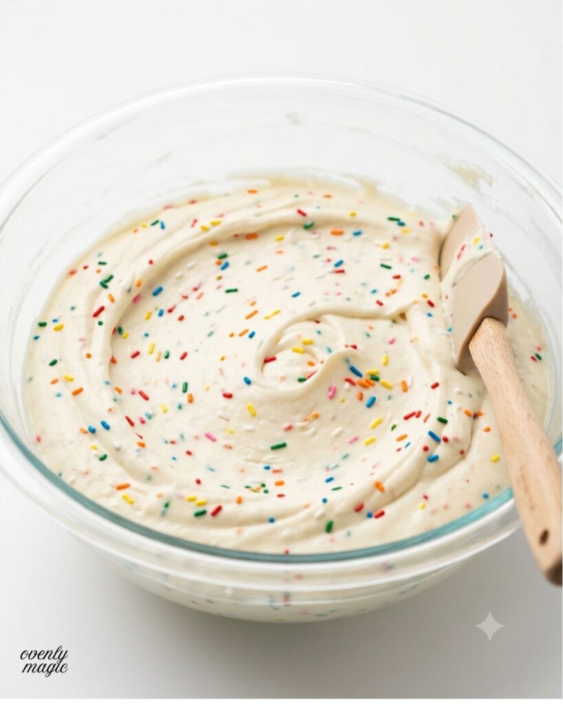 Funfetti cheesecake batter with sprinkles folded in glass bowl
