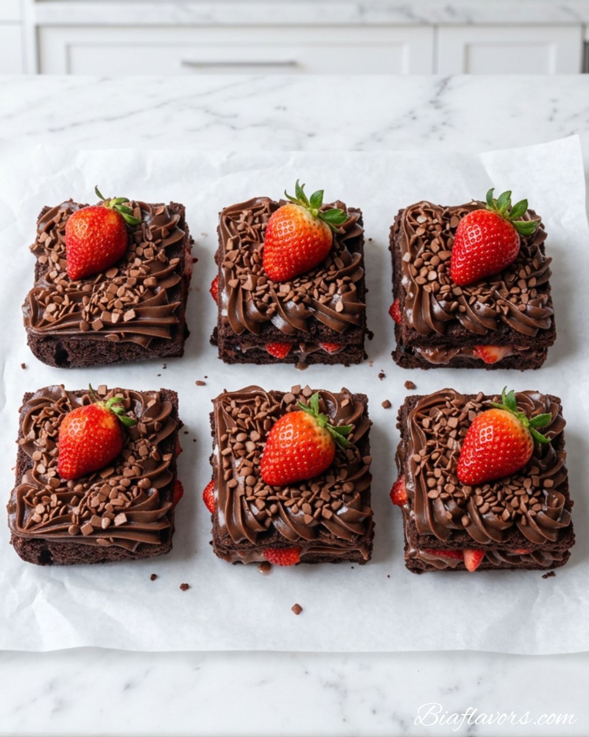 Top-down flat lay of six fudgy strawberry brownies on white parchment showing chocolate ganache topping mini chips and fresh strawberries on white marble