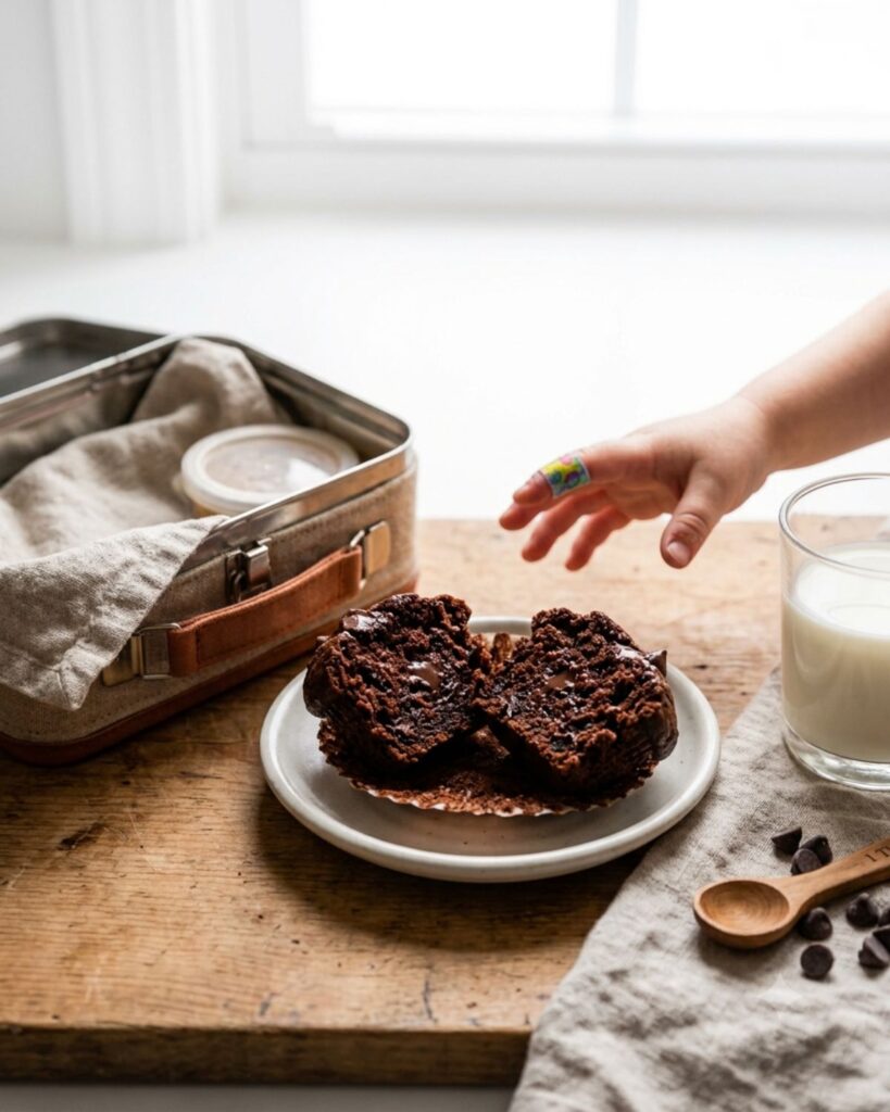 A split chocolate veggie muffin showing a moist chocolate crumb, a kid-friendly healthy snack