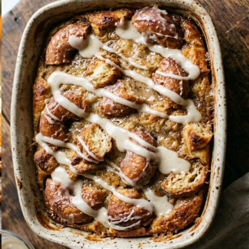 Donut bread pudding in a baking dish with vanilla glaze drizzled on top