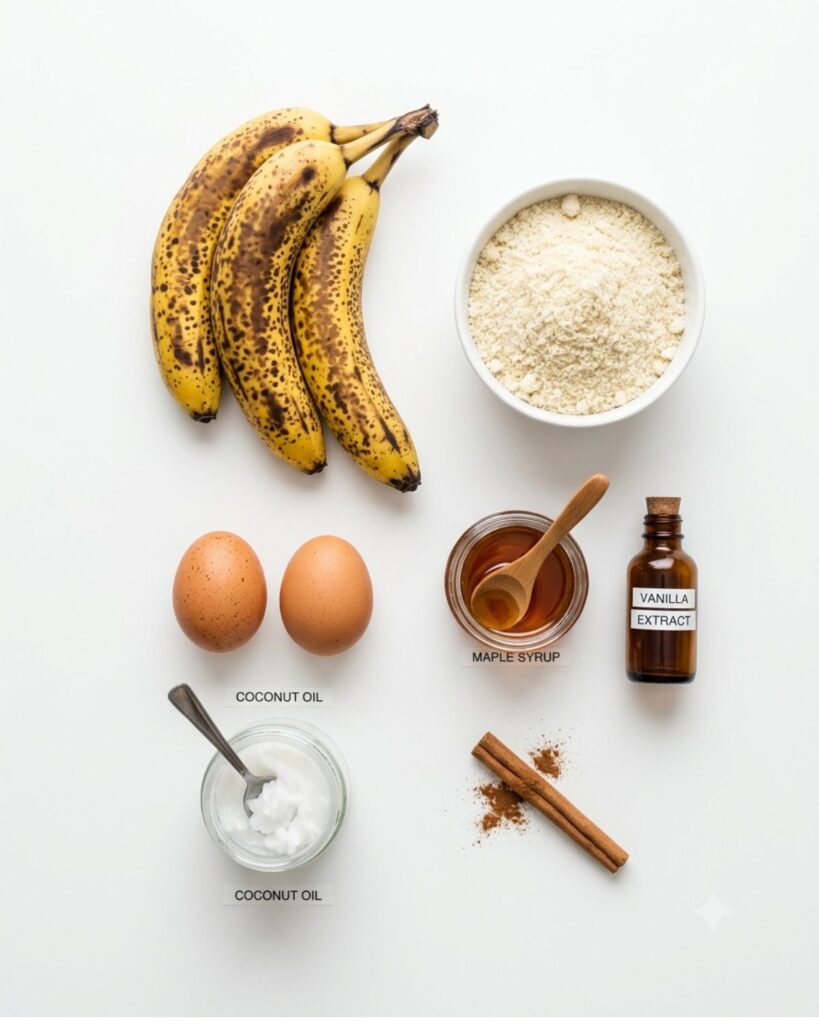 Flat lay of almond flour banana bread ingredients on white background