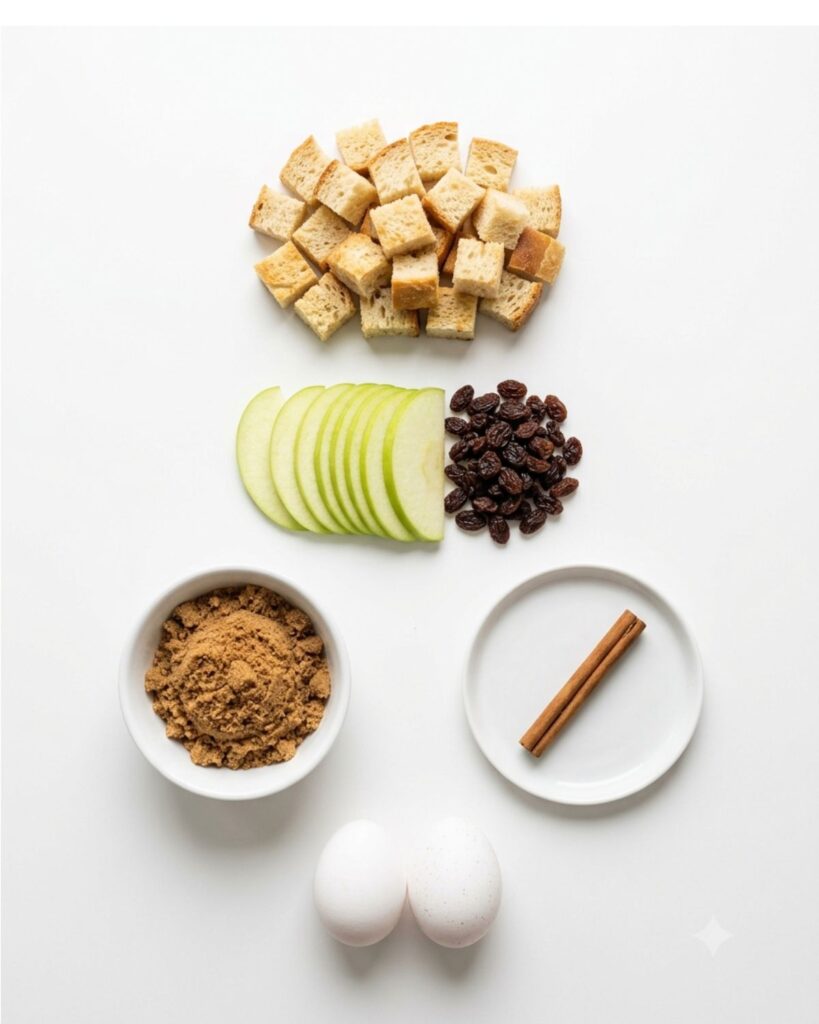 Flat lay of ingredients for apple bread pudding including bread cubes, apples, cinnamon, and eggs