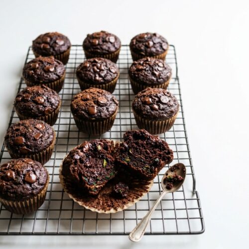 Freshly baked chocolate veggie muffins cooling on a wire rack with zucchini and spinach beside them