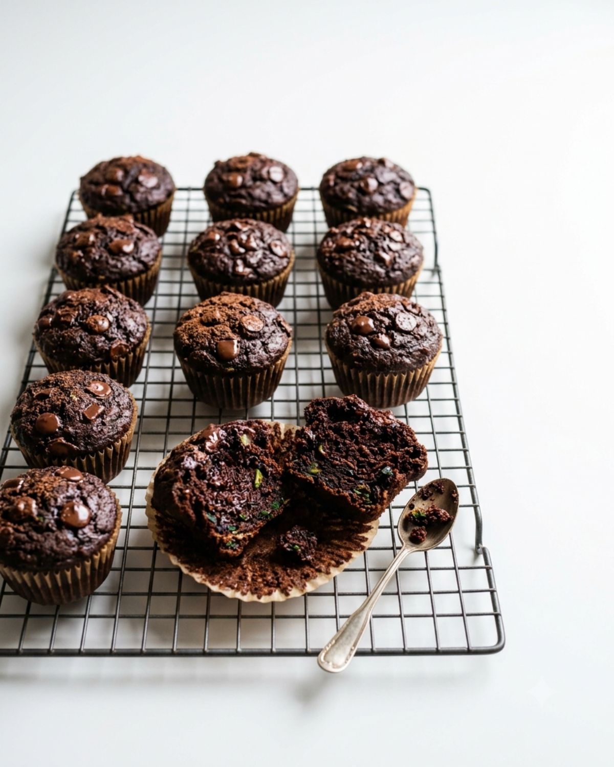 Freshly baked chocolate veggie muffins cooling on a wire rack with zucchini and spinach beside them