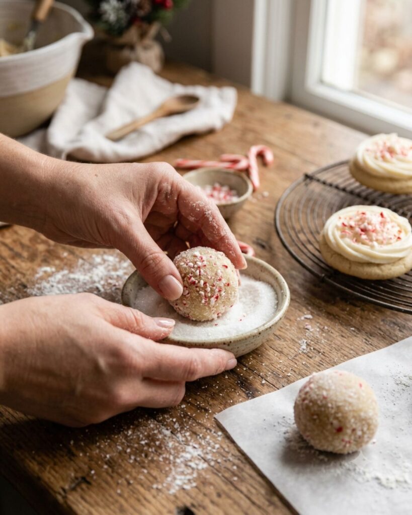 Hands rolling candy cane sugar cookies dough in granulated sugar before baking.