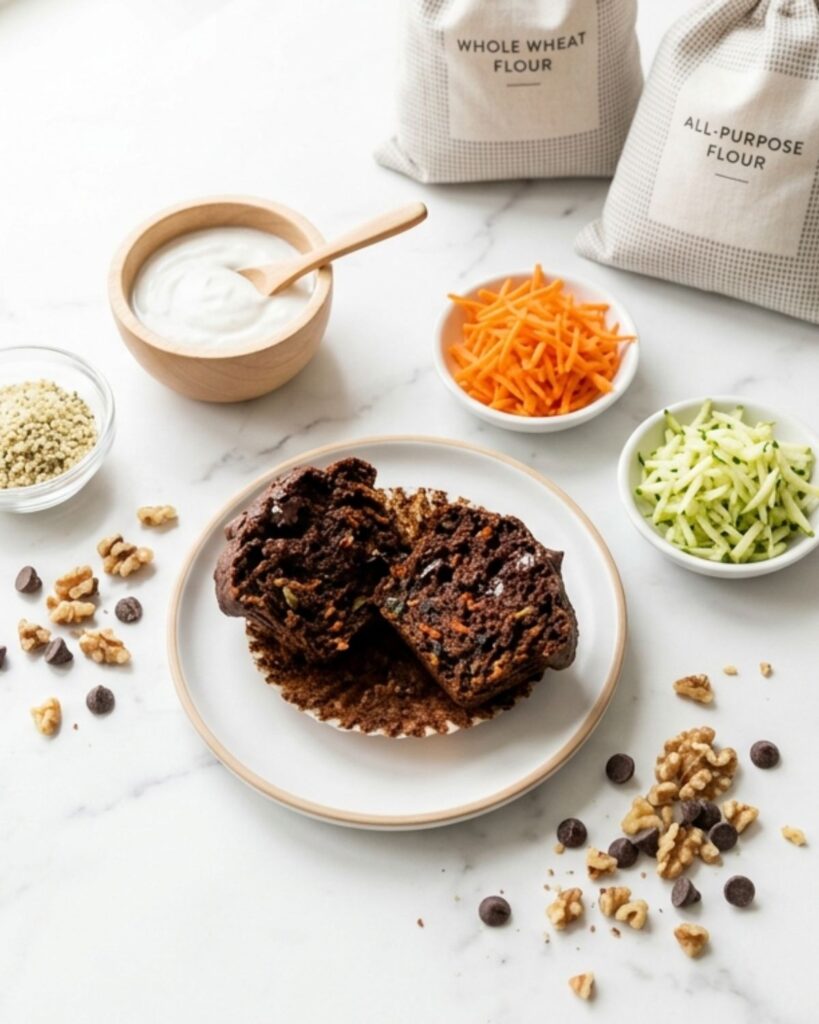 Ingredients for chocolate veggie muffin variations including shredded carrots, zucchini, dairy-free yogurt, hemp hearts, whole wheat flour, walnuts, and chocolate chips arranged around a moist chocolate muffin