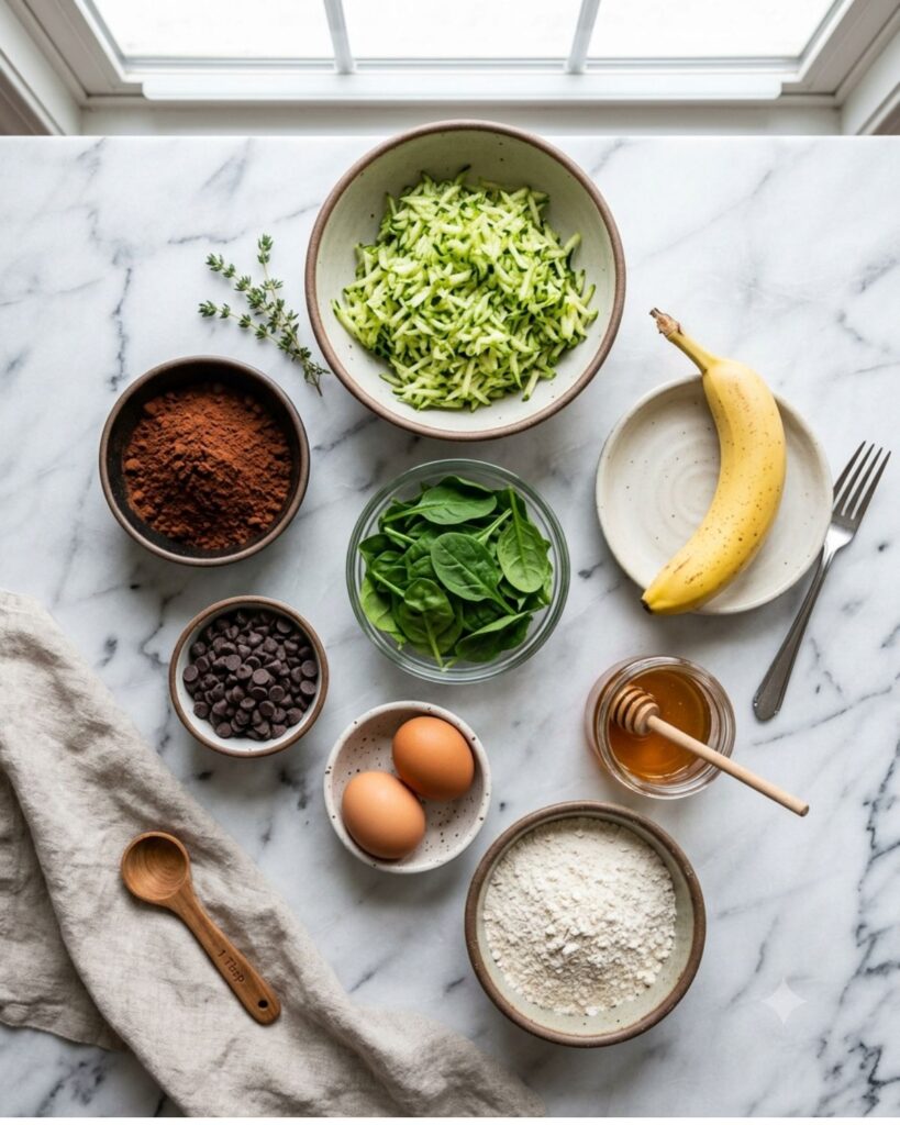 Ingredients for healthy chocolate veggie muffins including zucchini, spinach, banana, and cocoa powder