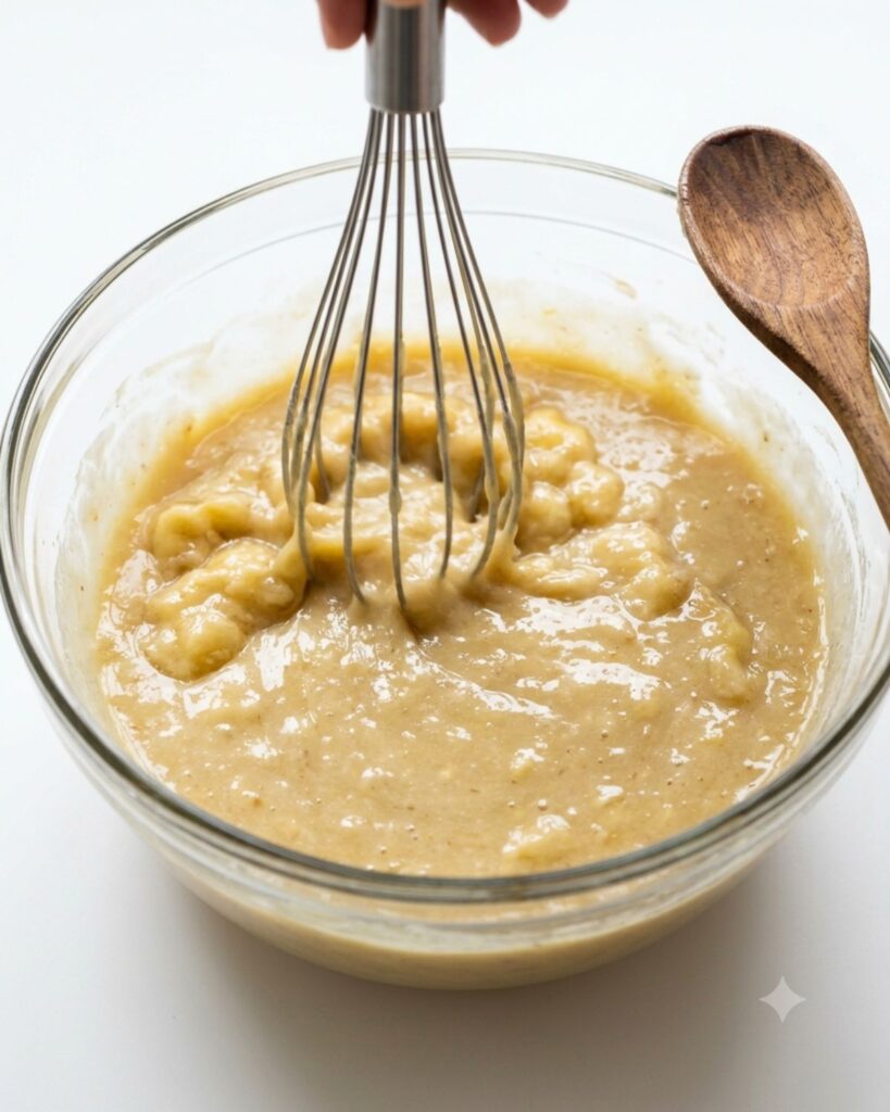 Mixing bowl showing mashed banana batter for almond flour bread
