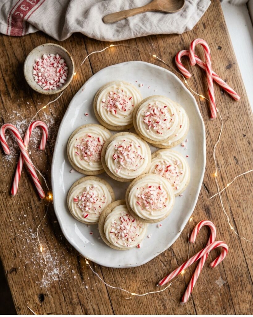 Platter of frosted candy cane sugar cookies styled for a holiday cookie table.