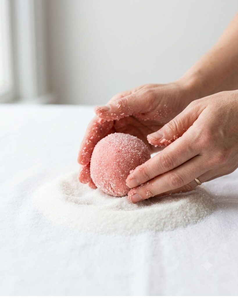 Rolling strawberry cookie dough balls in sugar before baking