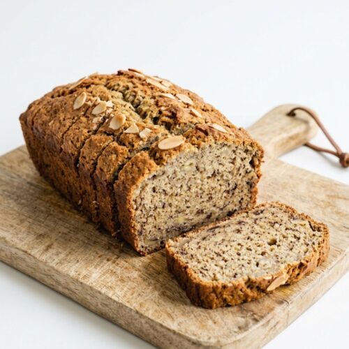 Sliced almond flour banana bread loaf on wooden board with white background"