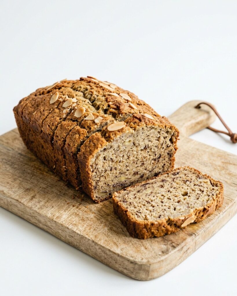 Sliced almond flour banana bread loaf on wooden board with white background"