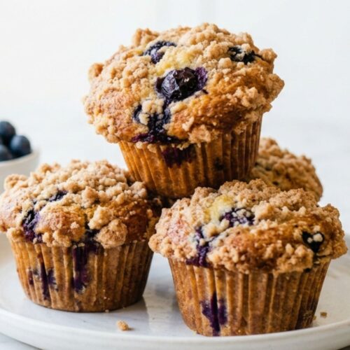 Stack of blueberry cheesecake muffins on a white kitchen counter