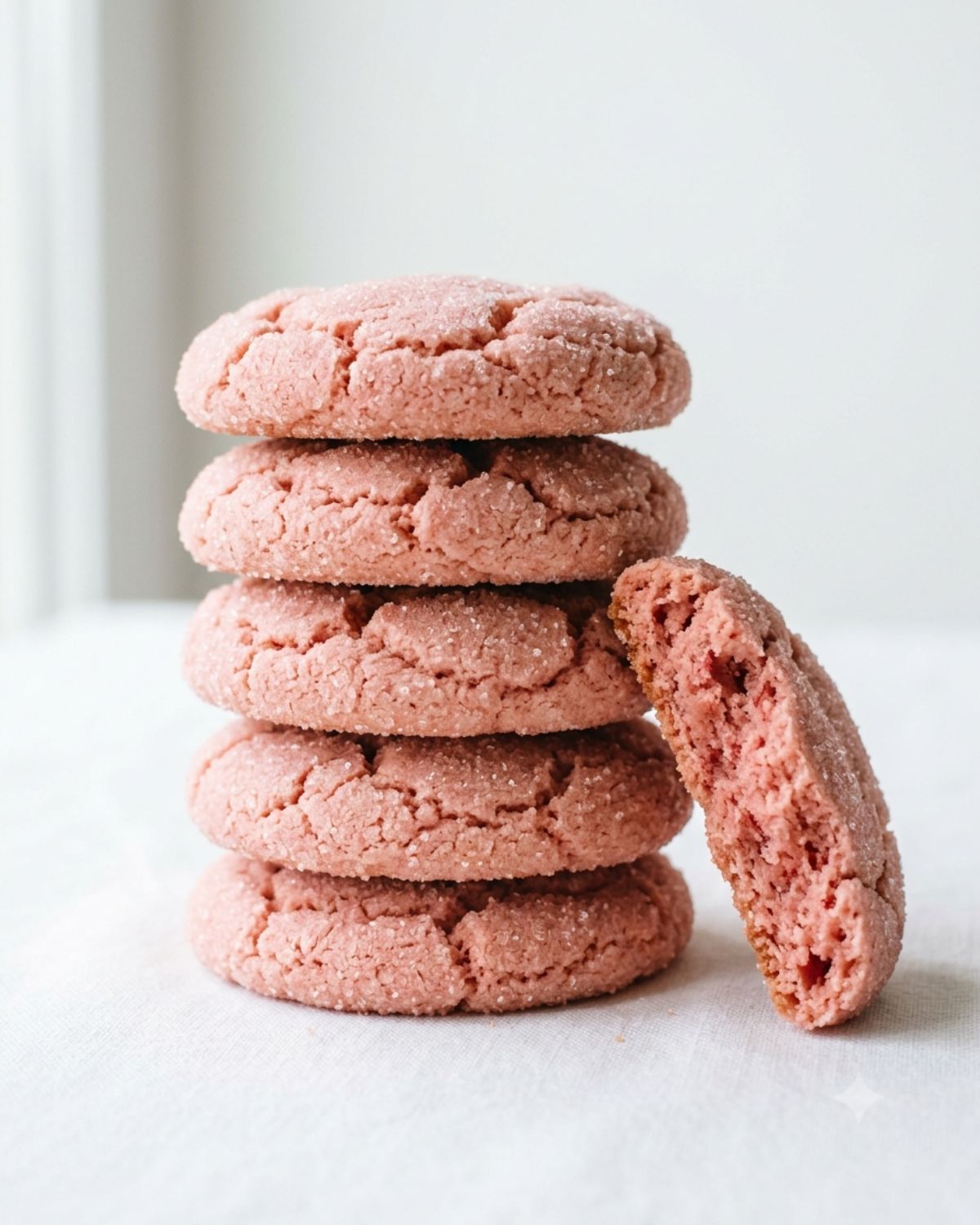 Stack of soft pink strawberry sugar cookies rolled in sugar on a white background