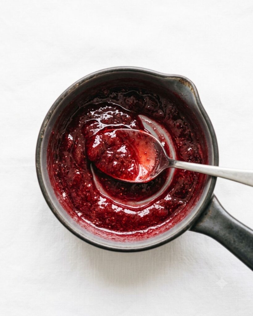 : Thick homemade strawberry syrup cooking in a saucepan for strawberry sugar cookies