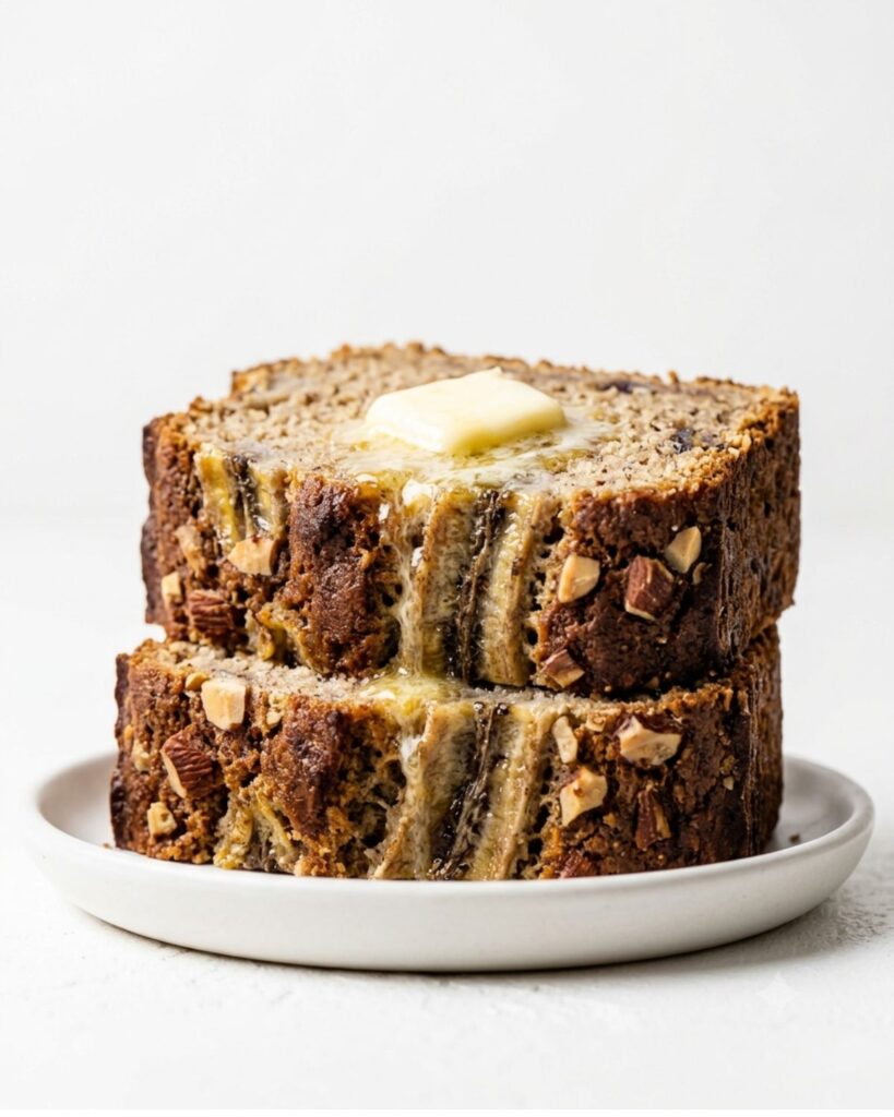 Two slices of almond flour banana bread served with butter