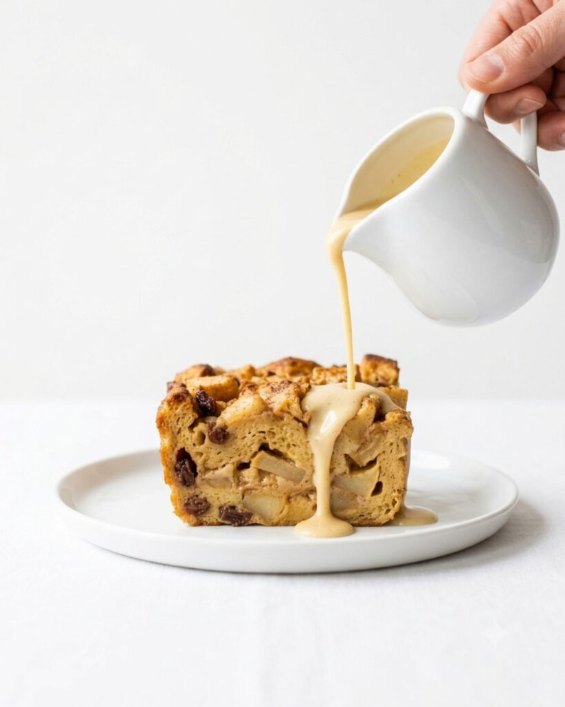 Vanilla sauce being poured over a slice of apple bread pudding for a cozy fall dessert